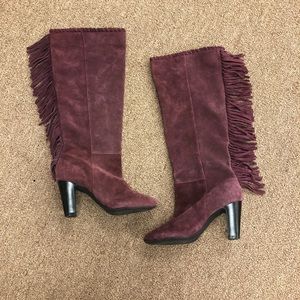 Maroon Suede Fringe Heeled Boots